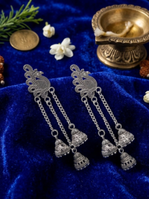 Silver peacock jhumka earrings for women with antique ethnic traditional design